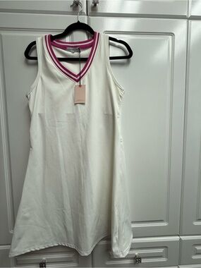 White V-Neck Sleeveless Tennis Dress with Pink Trim